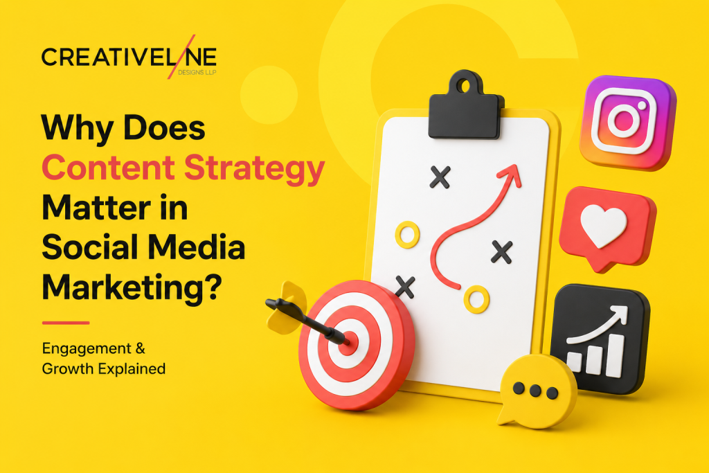 Content strategy in social media marketing illustration showing engagement growth, branding strategy, audience targeting and social media performance optimization