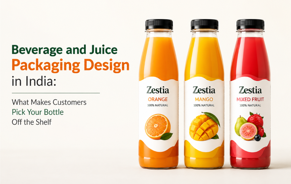 Creative beverage and juice packaging design for Indian brand showing colourful label and bottle format