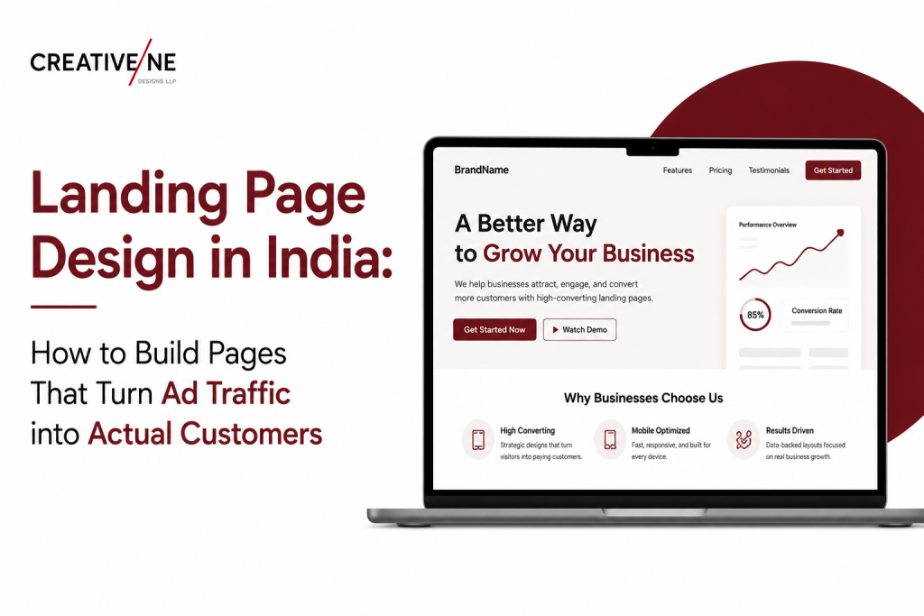 High-converting landing page design for Indian business showing above-fold hero section with clear headline CTA and trust signals