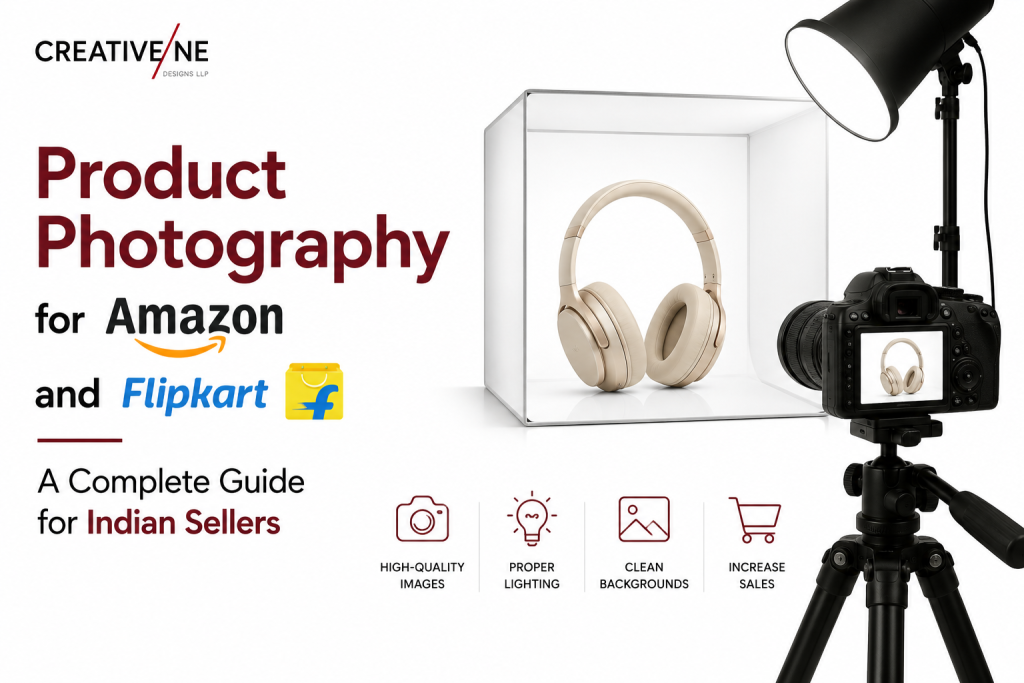 Professional product photography setup for Amazon India seller showing white background studio with lighting