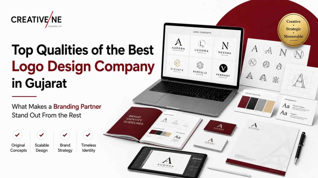 Professional logo design company in Gujarat showcasing logo concepts, brand identity design, typography, color palettes, and branding materials by CreativeLine.
