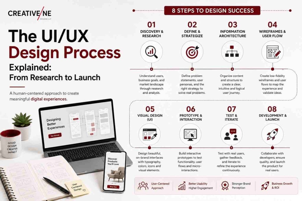 UI UX design process from research and strategy to testing and launch
