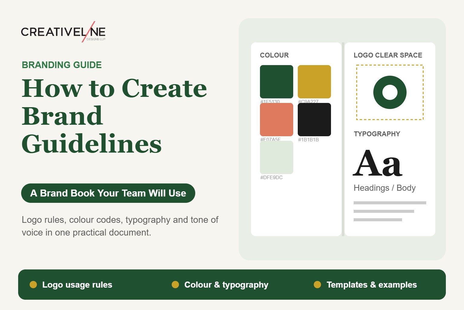 Brand guidelines brand book spread showing colour palette swatches, logo clear space and typography