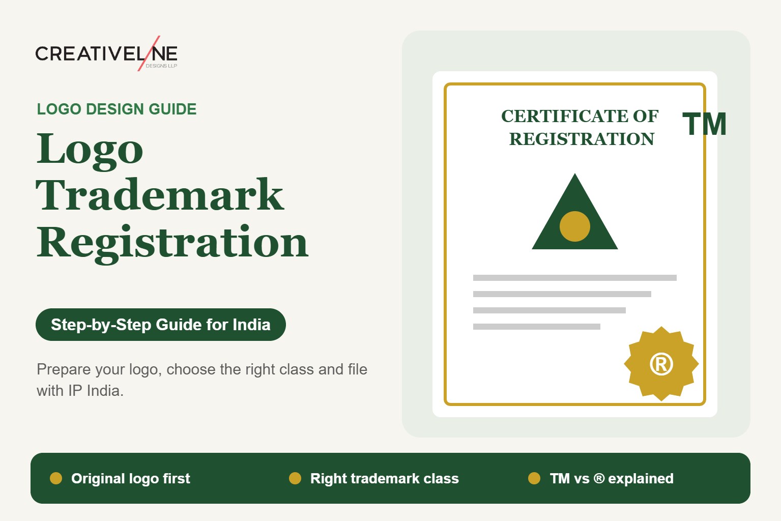 Logo trademark registration in India illustrated with a registration certificate, logo mark and registered trademark seal