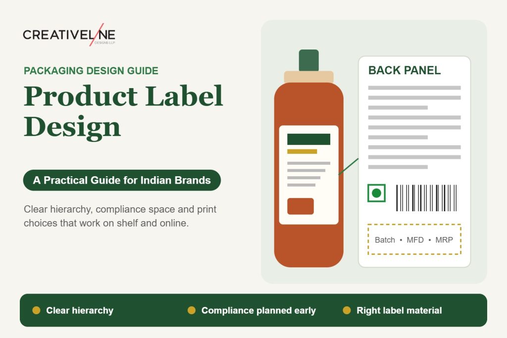Product label design guide showing a bottle front label and back panel with barcode, veg symbol and batch details